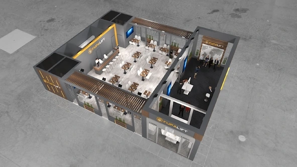 Fupa Lift standının ürün ve görüşme alanlarını gösteren üstten konsept görünüşü